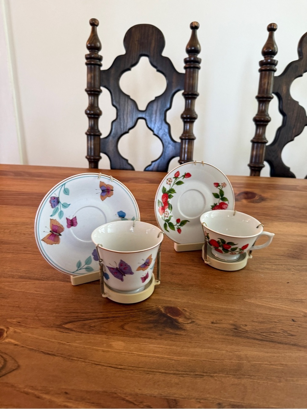 Porcelain Tea Cup and Saucer Set with Butterfly and Strawberry Motifs - White